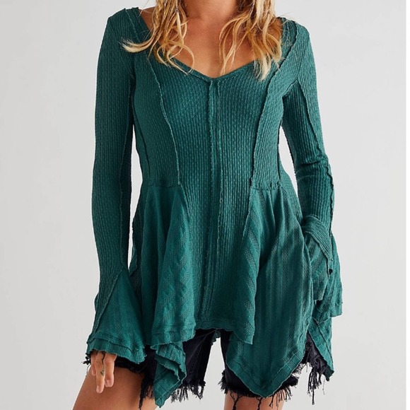 Free People Tops - Free People Primrose Thermal Long Bell Sleeves Waffle Weave Top on Green Size L